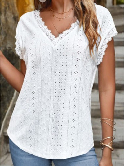 Daisy White Eyelet V-Neck Cap Sleeve Blouse