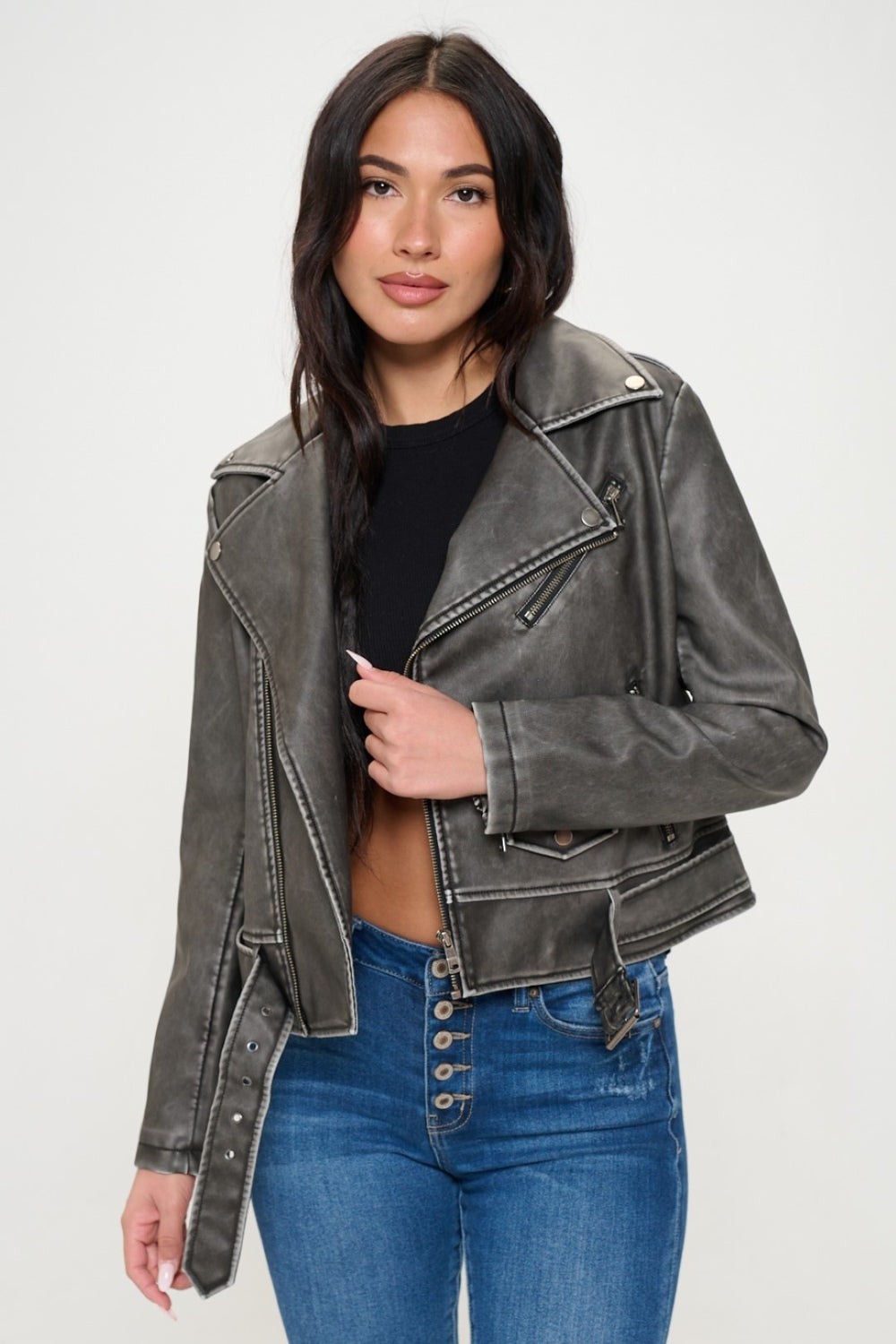 Lucy Zip Up Biker Jacket with Belt