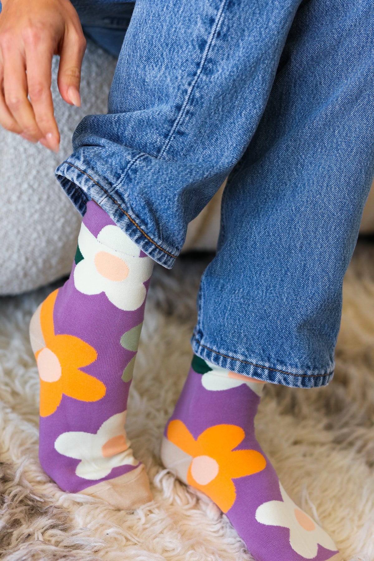 Violet Plum Floral Print Crew Socks