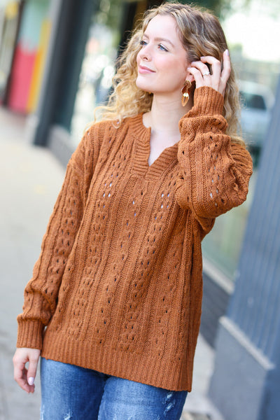 Chrissy Rust Cable Knit Notched Neck Pullover Sweater