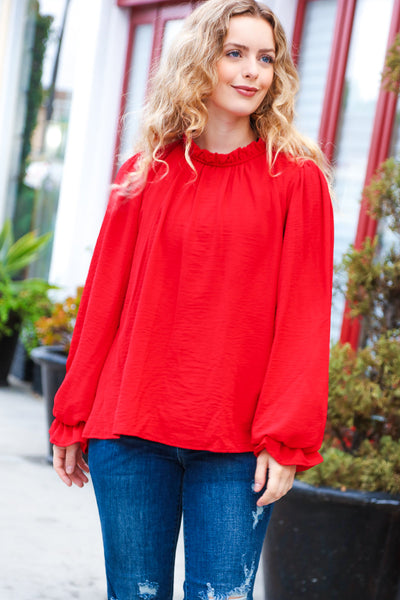 Berry Red Frill Mock Neck Crinkle Woven Top