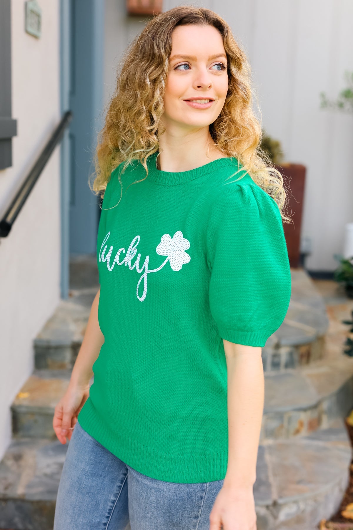 Lucky Lady Green Shamrock Sequin Puff Sleeve Knit Top