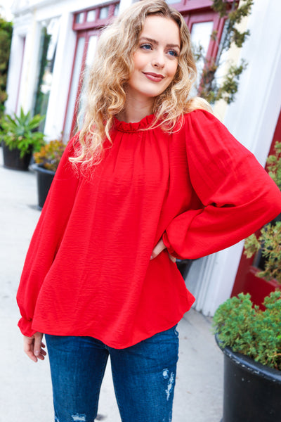 Berry Red Frill Mock Neck Crinkle Woven Top