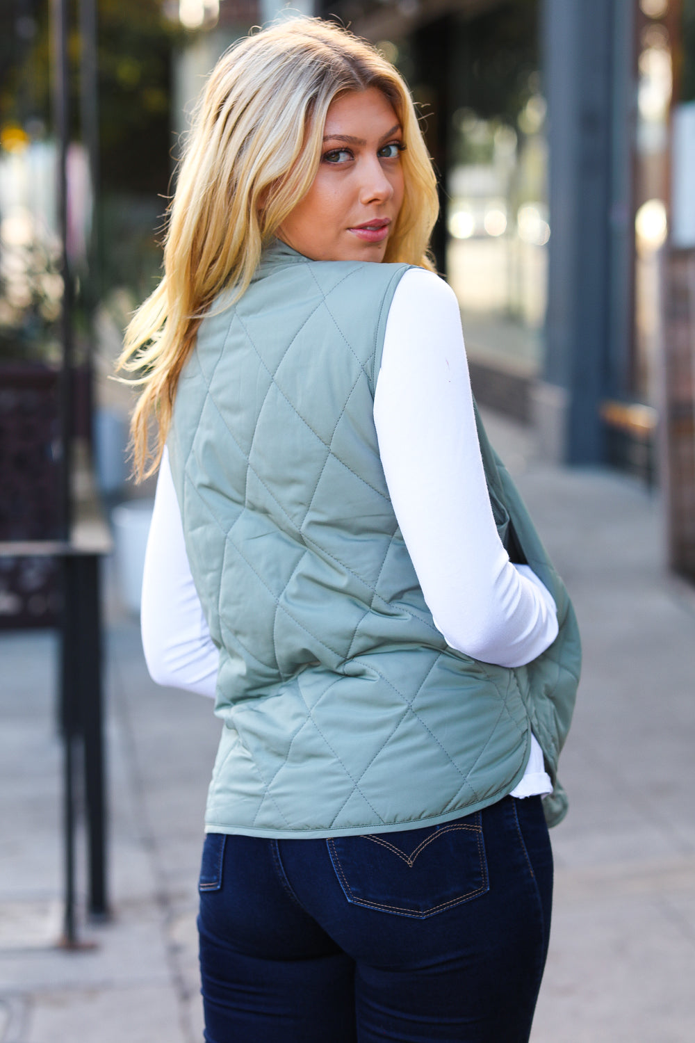 Bethany Layer Up Sage High Neck Quilted Puffer Vest