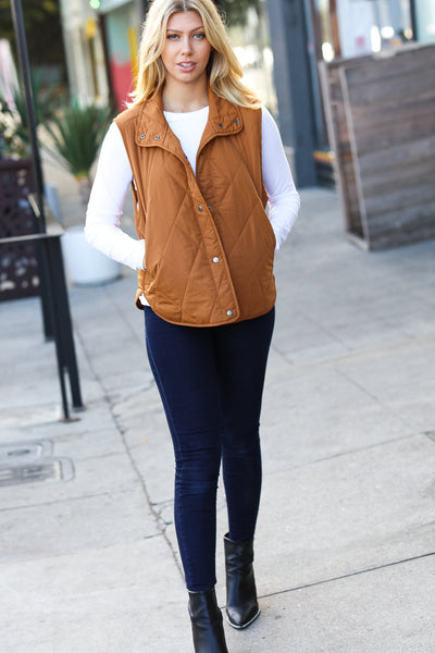 Lisa Layer Up Camel High Neck Quilted Puffer Vest