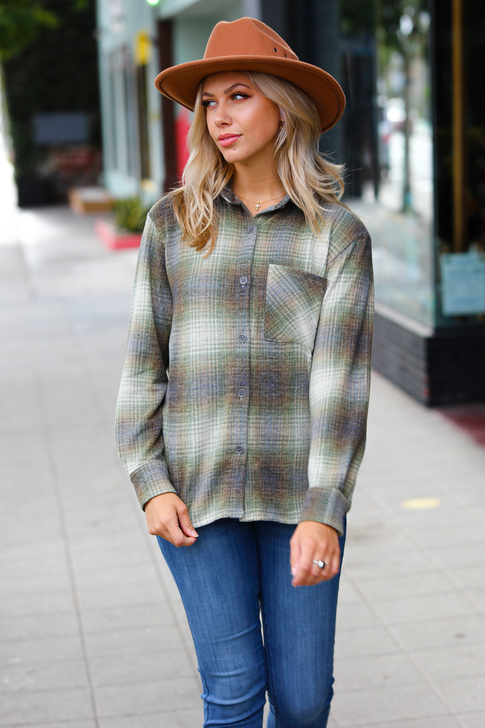 On the Road Green Jacquard Plaid Button Up