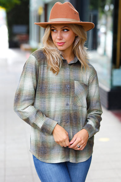 On the Road Green Jacquard Plaid Button Up