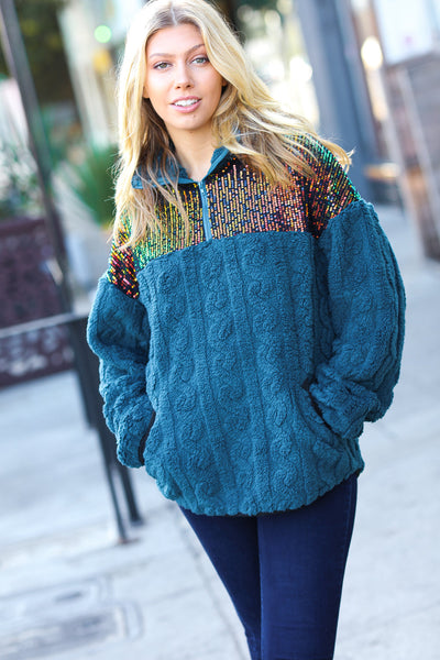 Mignon Teal Sequin & Sherpa Half Zip Pullover