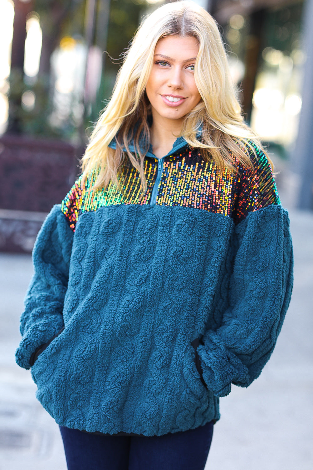 Mignon Teal Sequin & Sherpa Half Zip Pullover