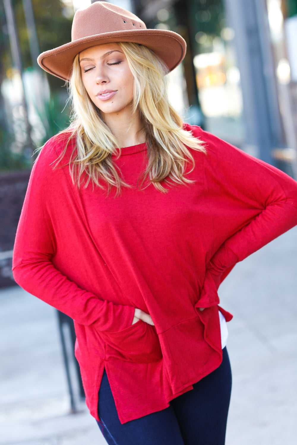 Renee Red Hacci Dolman Pocketed Sweater Top