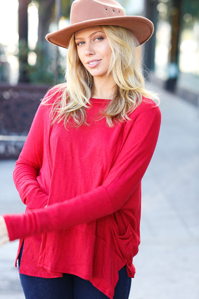 Renee Red Hacci Dolman Pocketed Sweater Top