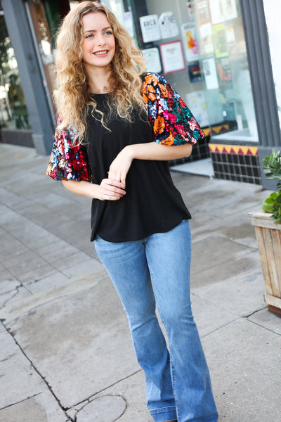 Kate Black Sequin Floral Puff Sleeve Top