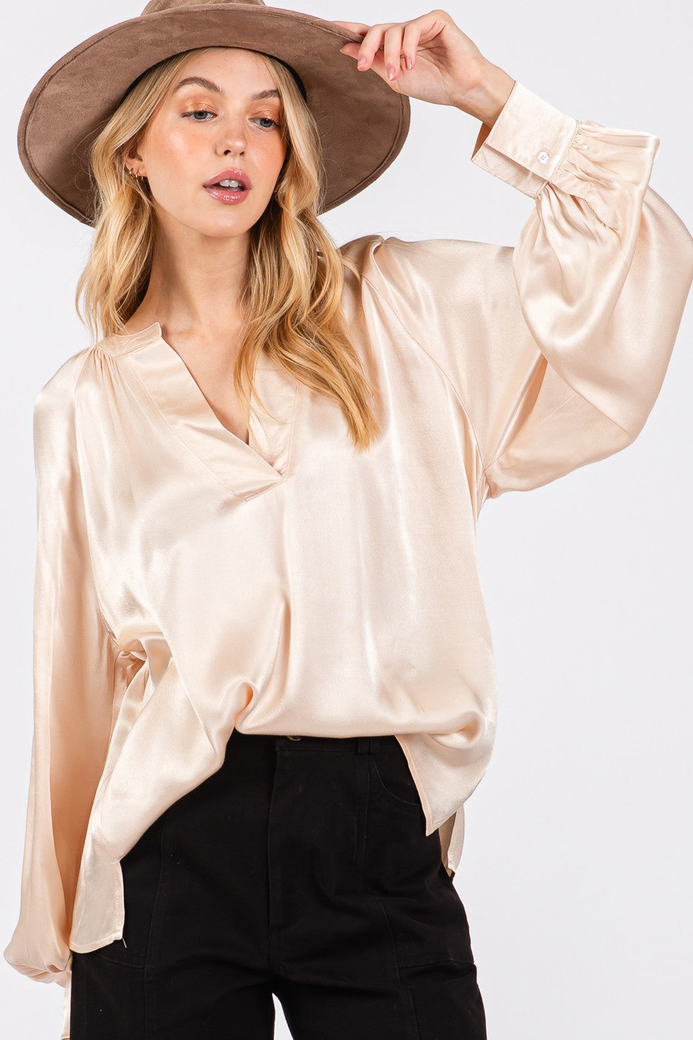 Carmello Notched Long Sleeve Blouse