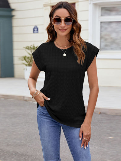 Mandy Textured Round Neck Cap Sleeve T-Shirt