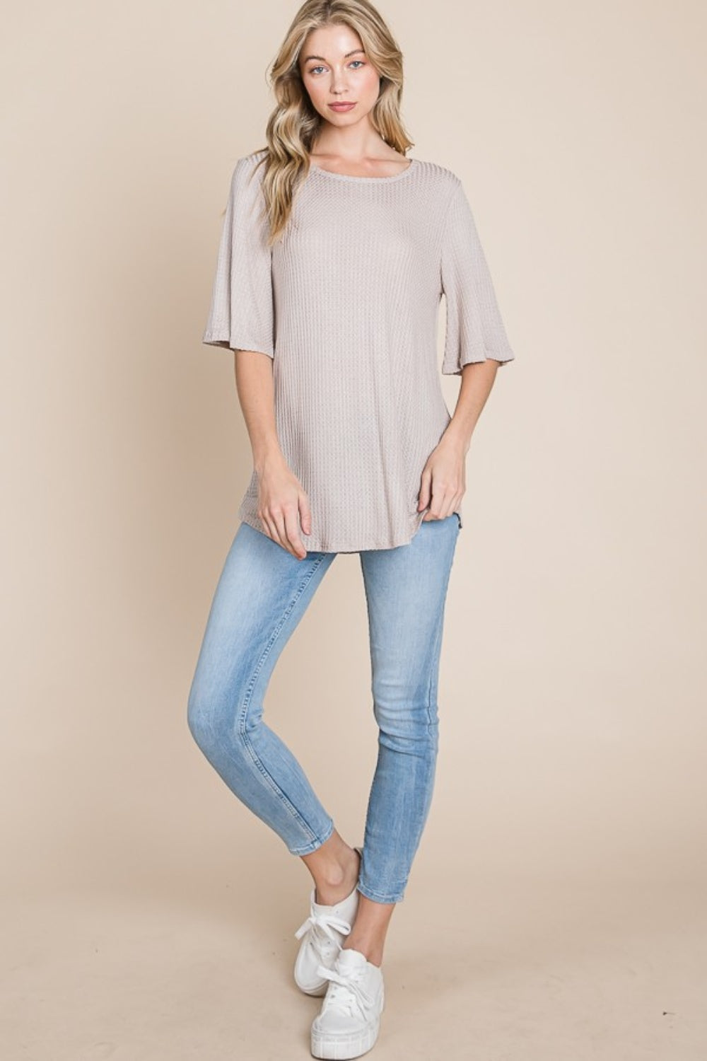 Ember Sand Round Neck Waffle Knit T-Shirt