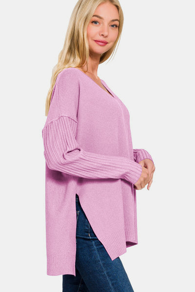 Shawna Mauve V-Neck Side Slit High-Low Sweater