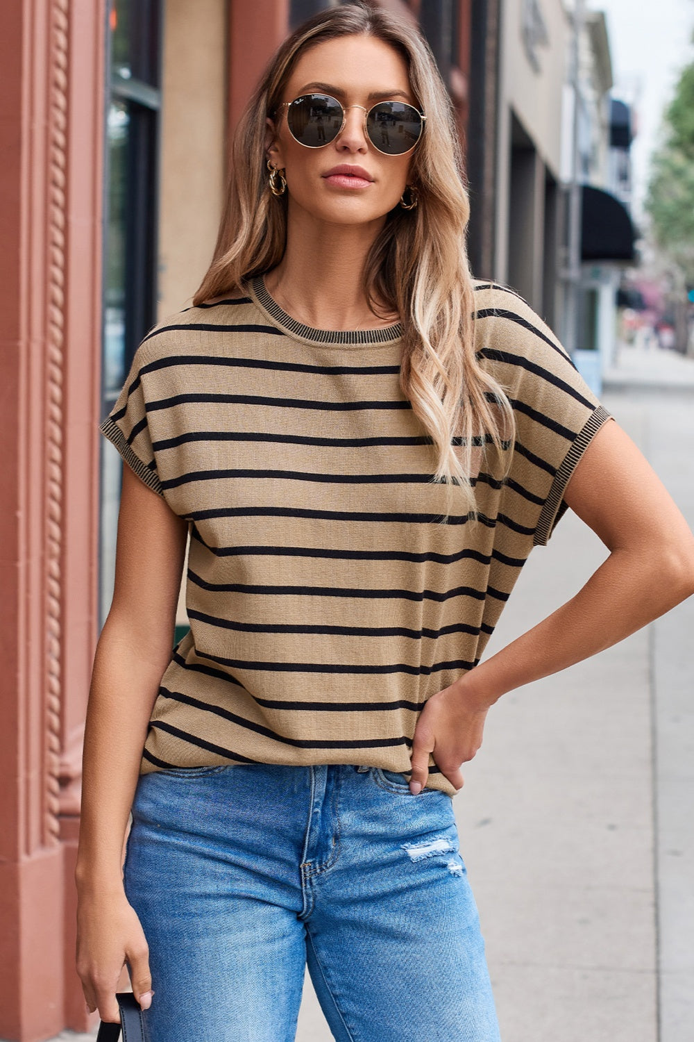 Marilyn Striped Round Neck Cap Sleeve Knit Top