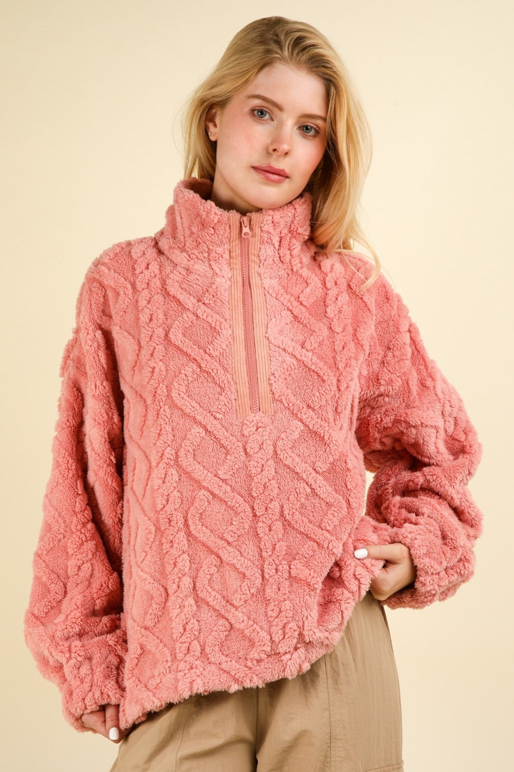 Alida Fuzzy Fleece Half Zip Cable Pattern Sweatshirt