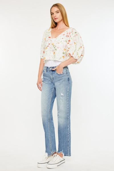 Kancan Marissa Mid Rise Frayed Hem Straight Jeans