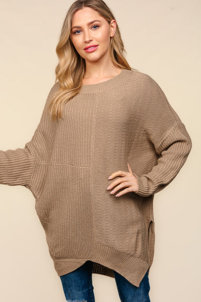 Patricia Taupe Side Slit Texture Asymmetric Sweater