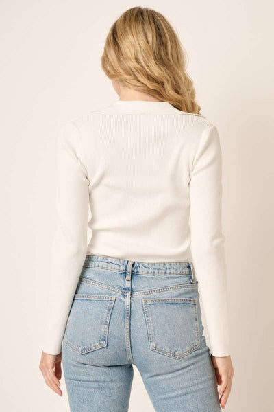 Pearl Polo Long Sleeve Ribbed Knit Top