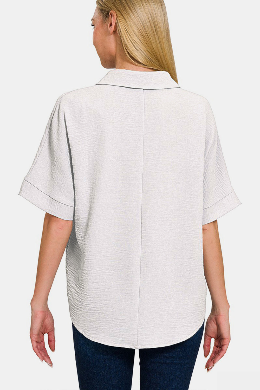 Shane Off White Texture Collared Neck Short Sleeve Top