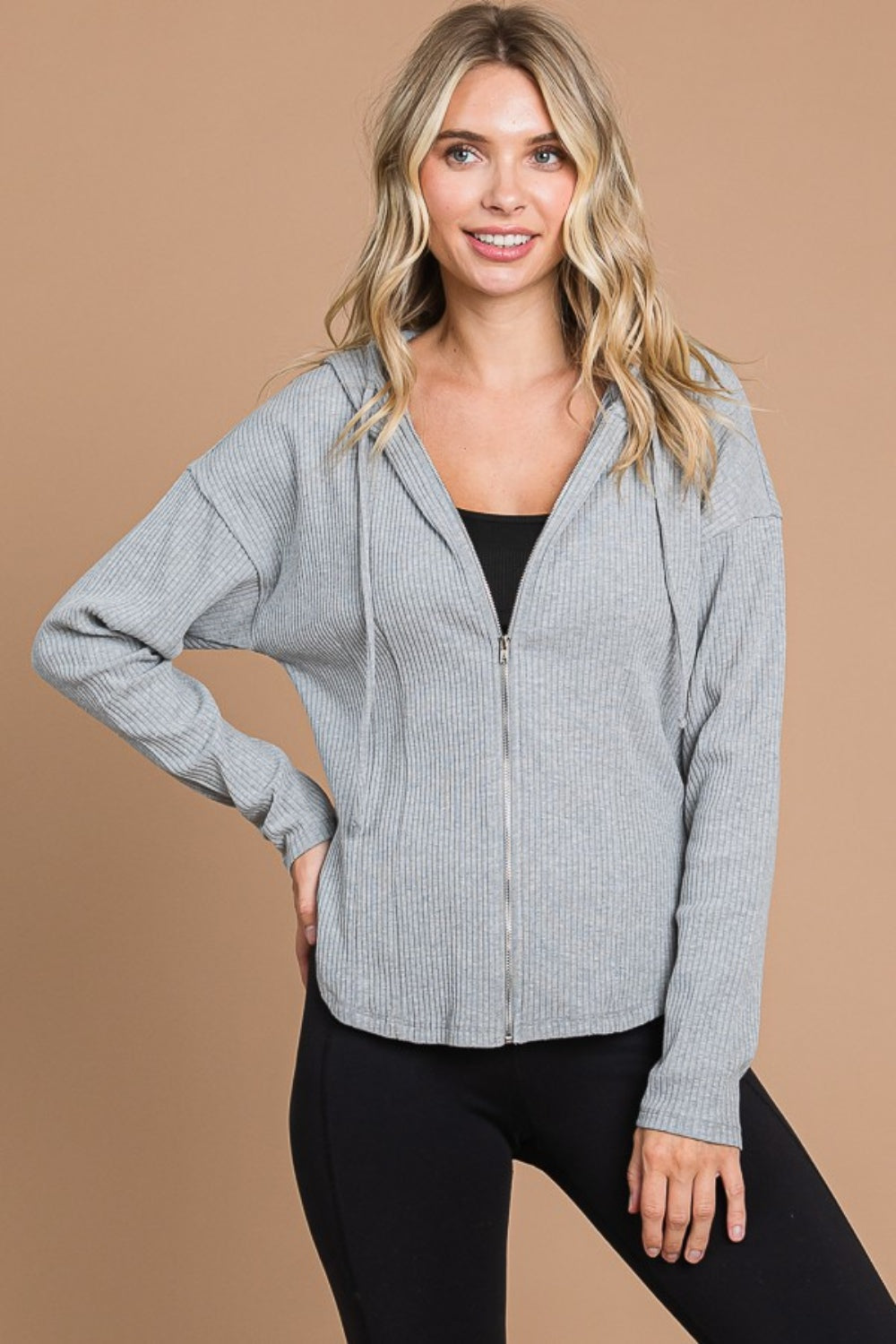 Amanda Ribbed Zip Up Drawstring Hooded Jacket