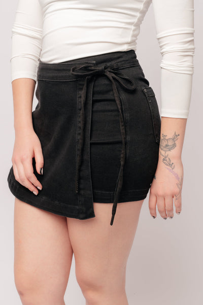 Bentley High Rise Side Tie Denim Skort in Black