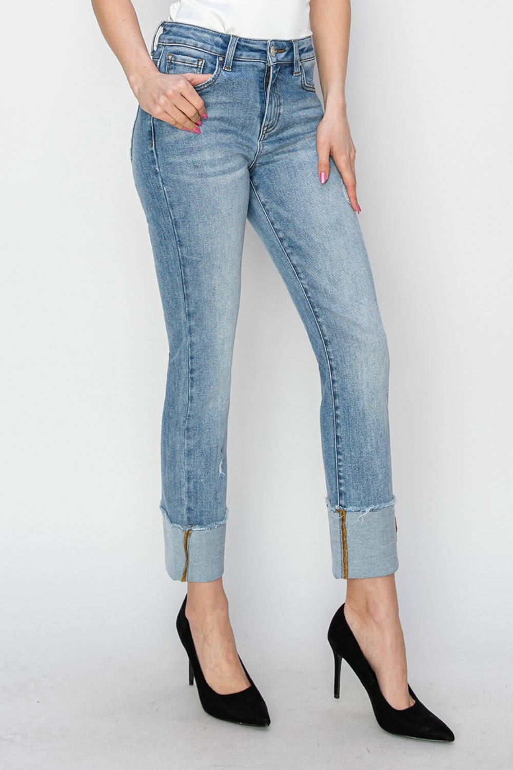 RISEN Lisa High Rise Cuffed Slim Straight Jeans