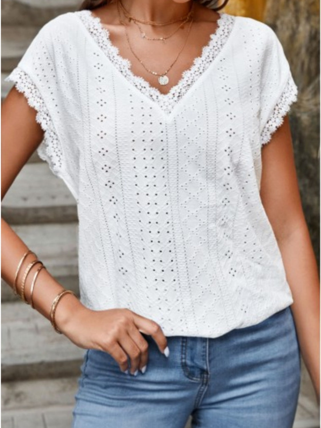 Daisy White Eyelet V-Neck Cap Sleeve Blouse