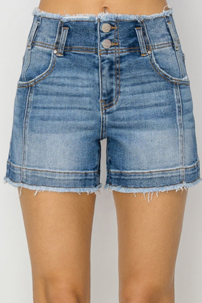 RISEN Yvette High Rise Seam Detailed Raw Edge Denim Shorts