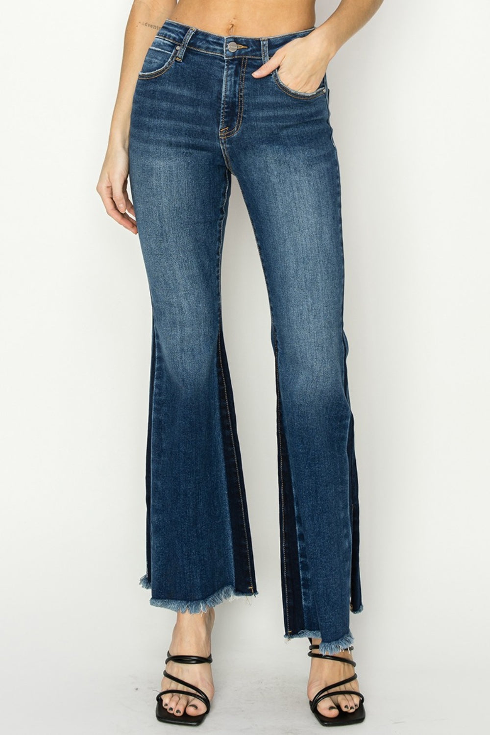 RISEN Zoey High Rise Side Shadow Seam Detail Slit Flare Jeans