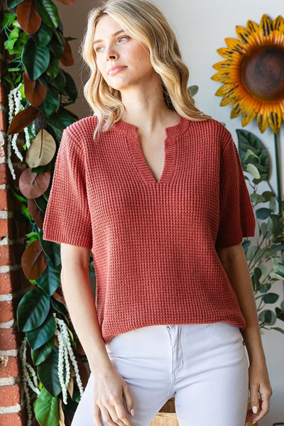 Karla Rust Notched Short Sleeve Knit Top