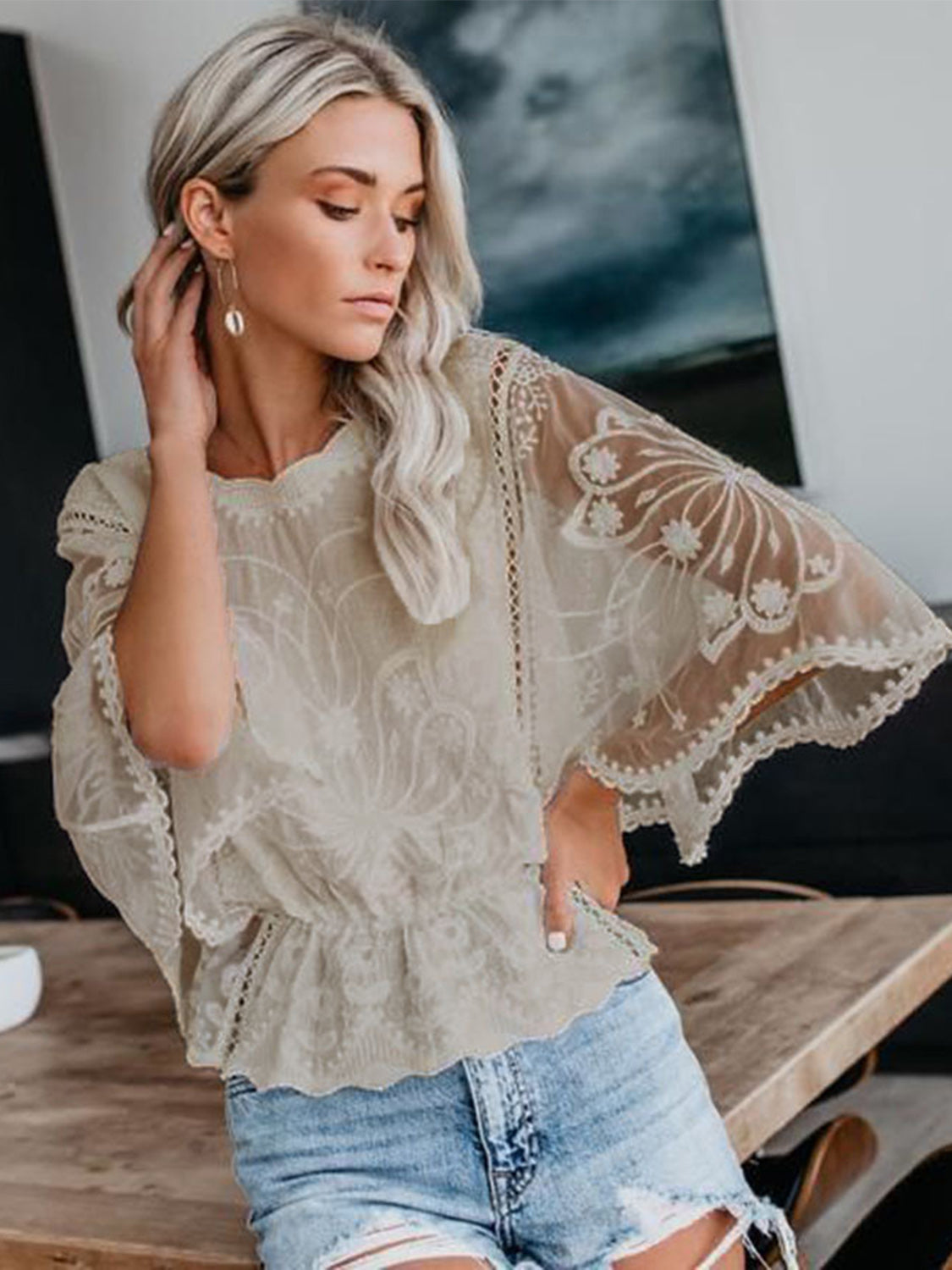 Natalie Sheer Lacey Round Neck Three-Quarter Sleeve Blouse