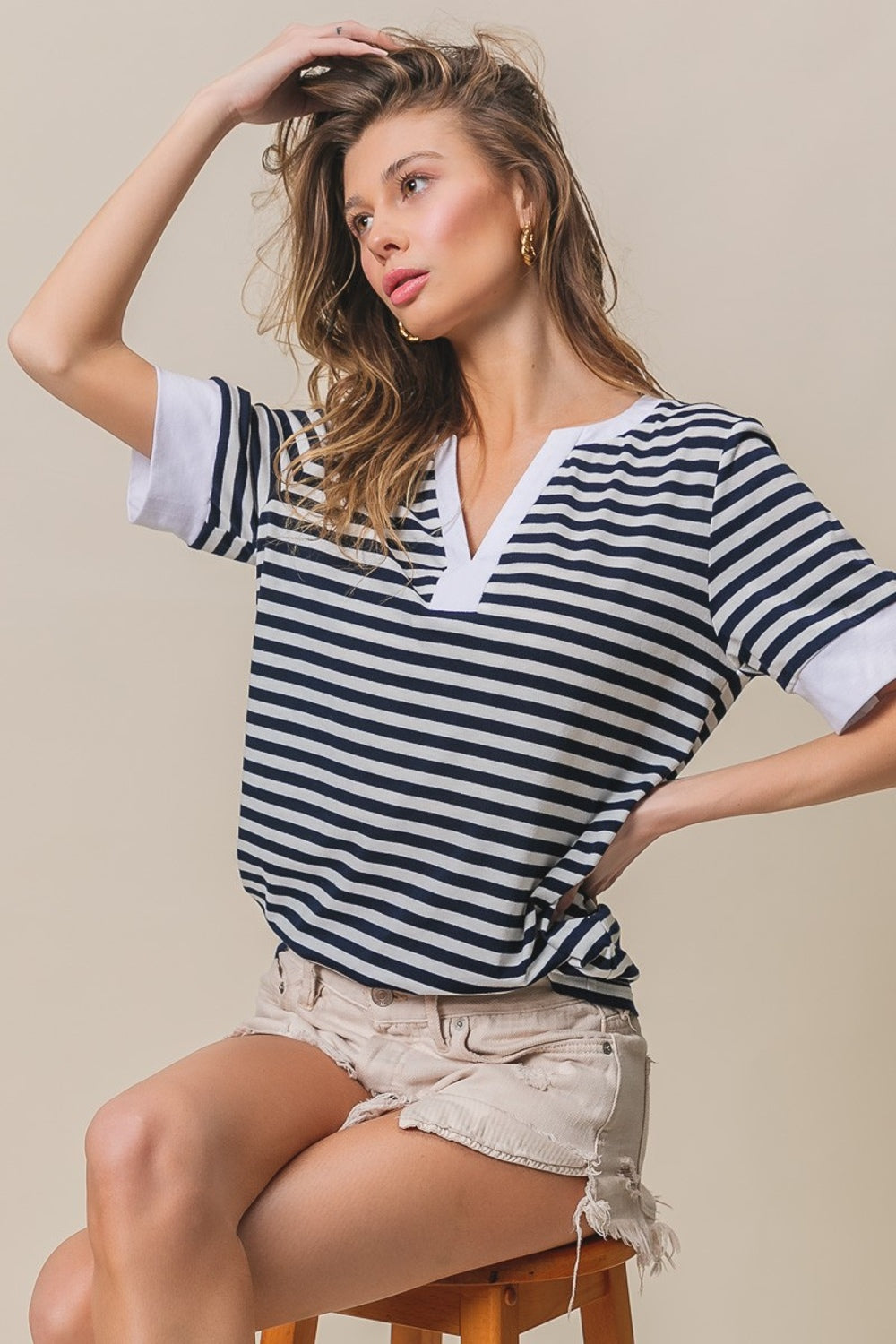 Olivia Contrast Striped Notched Knit Top