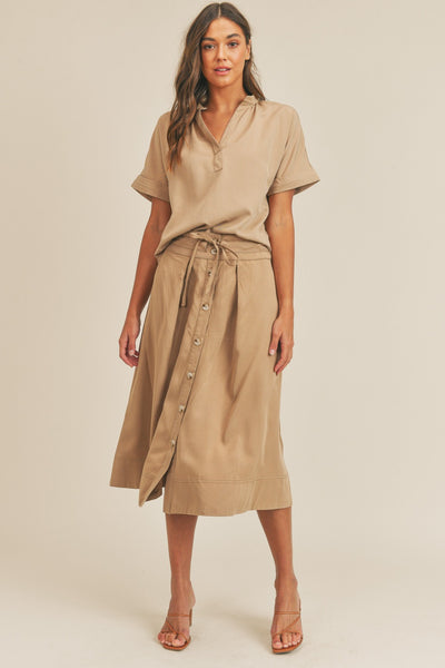 Mallory Taupe Short Sleeve Top and Button Down Midi Skirt Set