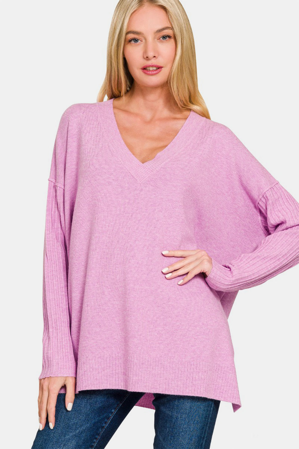 Shawna Mauve V-Neck Side Slit High-Low Sweater