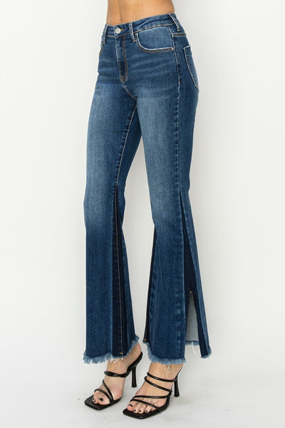 RISEN Zoey High Rise Side Shadow Seam Detail Slit Flare Jeans