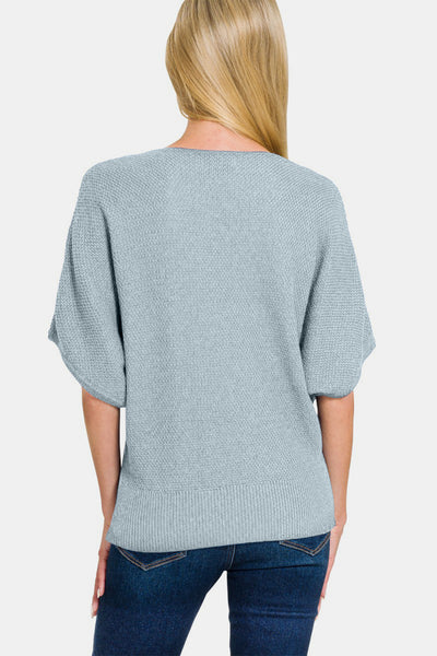 Beth Blue Grey  V-Neck Short Sleeve Dolman Sweater