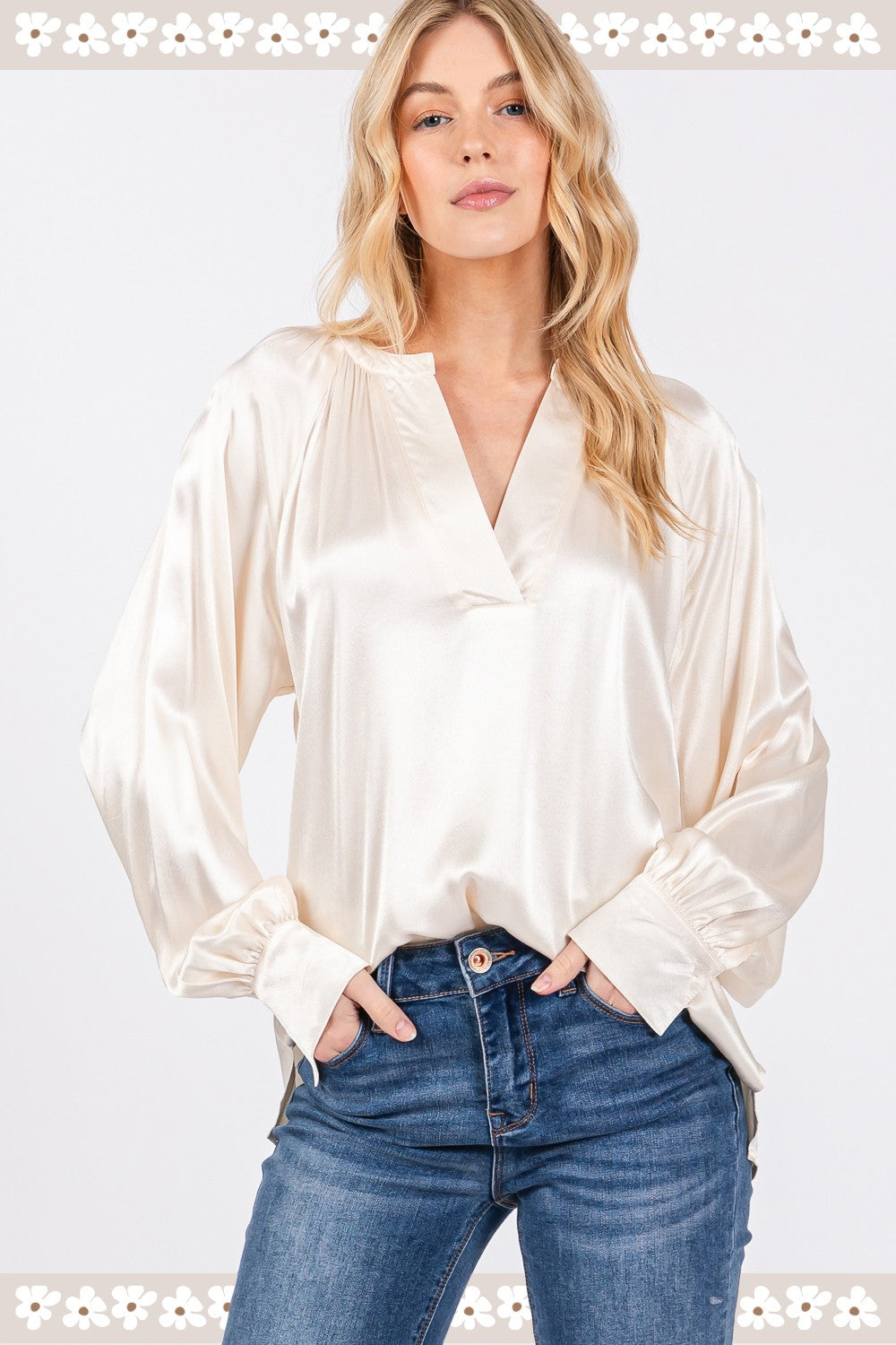 Catalina Ivory Notched Long Sleeve Blouse