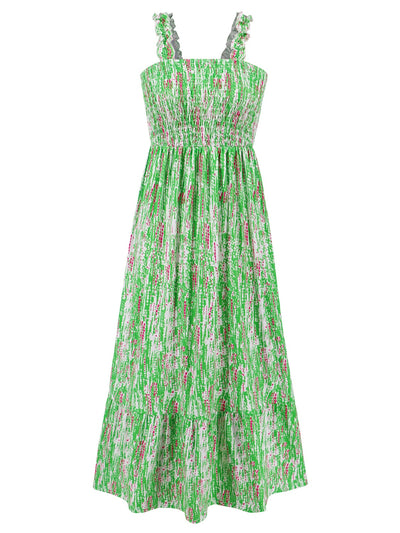 Cameron Smocked Printed Square Neck Sleeveless Maxi Dress