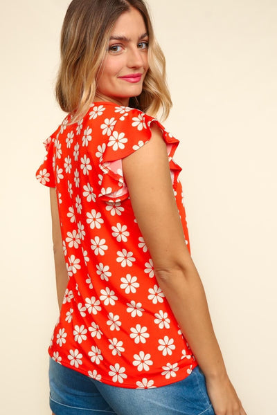 Jeanie Round Neck Ruffled Scarlet Floral Knit Top