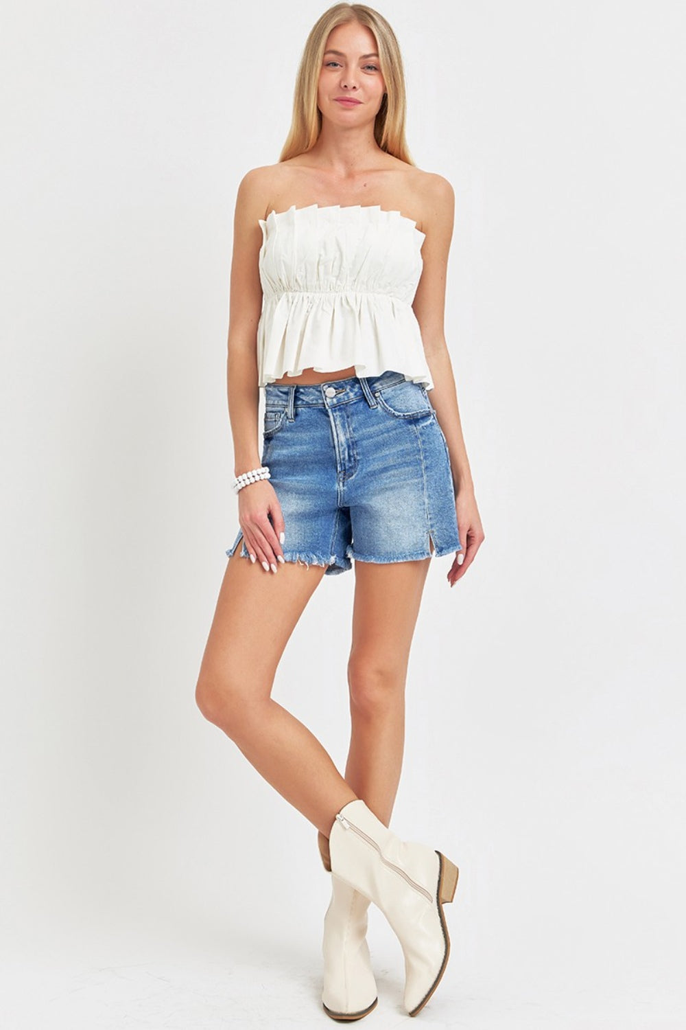 RISEN Melody Front Slit Raw Hem Denim Shorts