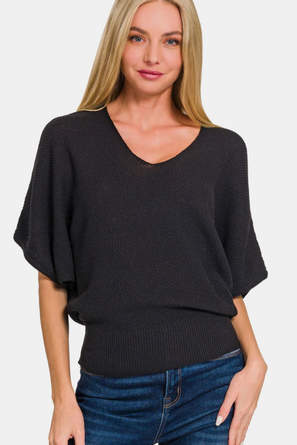 Beth Black V-Neck Short Sleeve Dolman Sweater