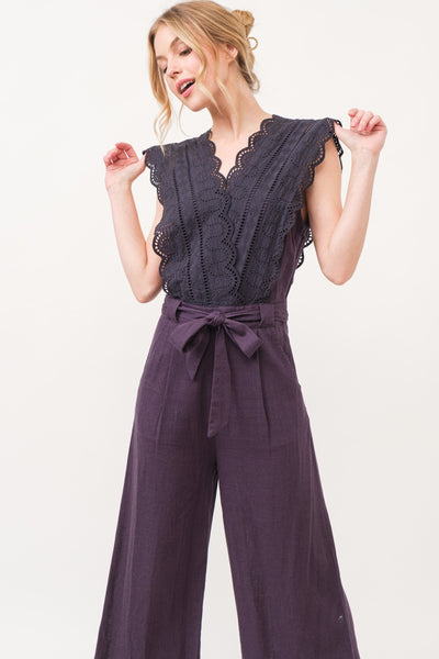 Tatiana Purple Laced Surplice Tie Waist Jumpsuit