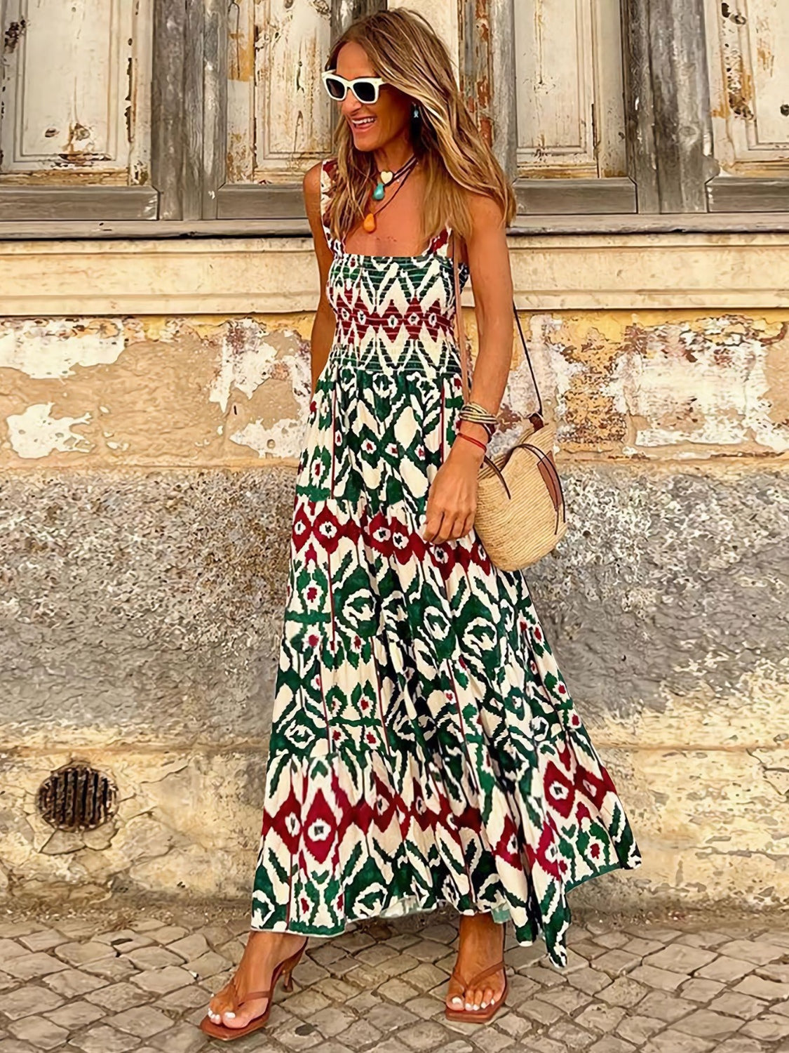 Cameron Smocked Printed Square Neck Sleeveless Maxi Dress