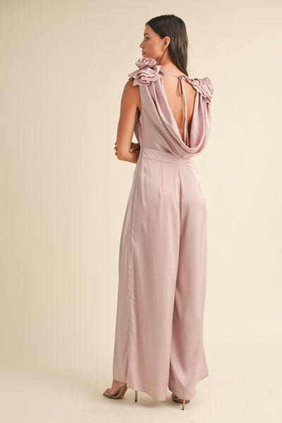 Marla Mauve 3D Floral Applique Deep Cowl Neck Jumpsuit