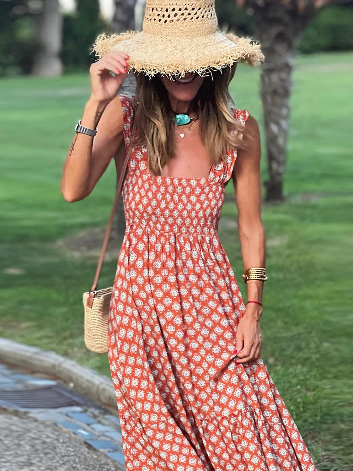 Cameron Smocked Printed Square Neck Sleeveless Maxi Dress