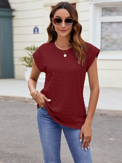 Mandy Textured Round Neck Cap Sleeve T-Shirt