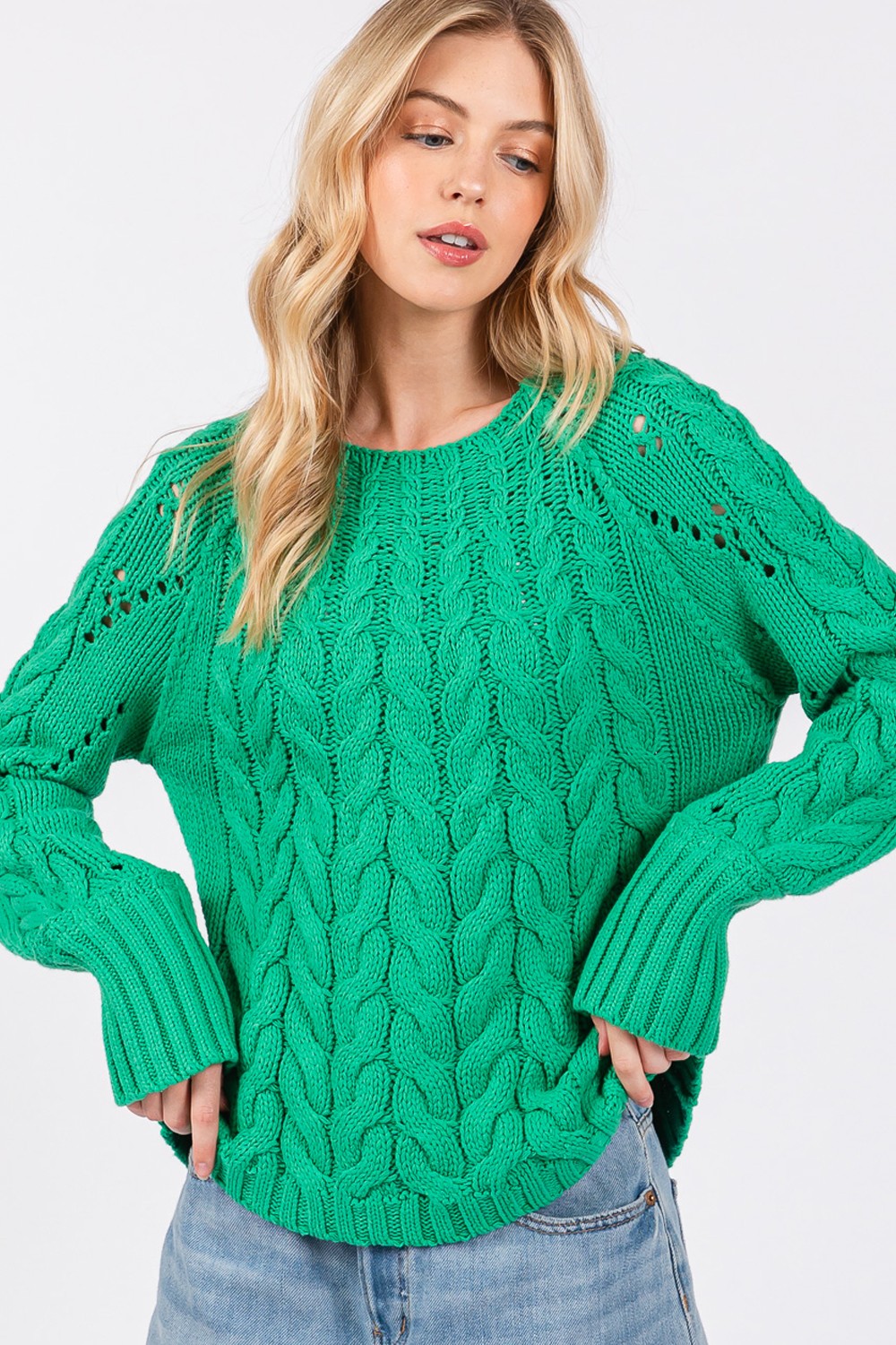 Sadie Emerald Cable-Knit Long Sleeve Sweater